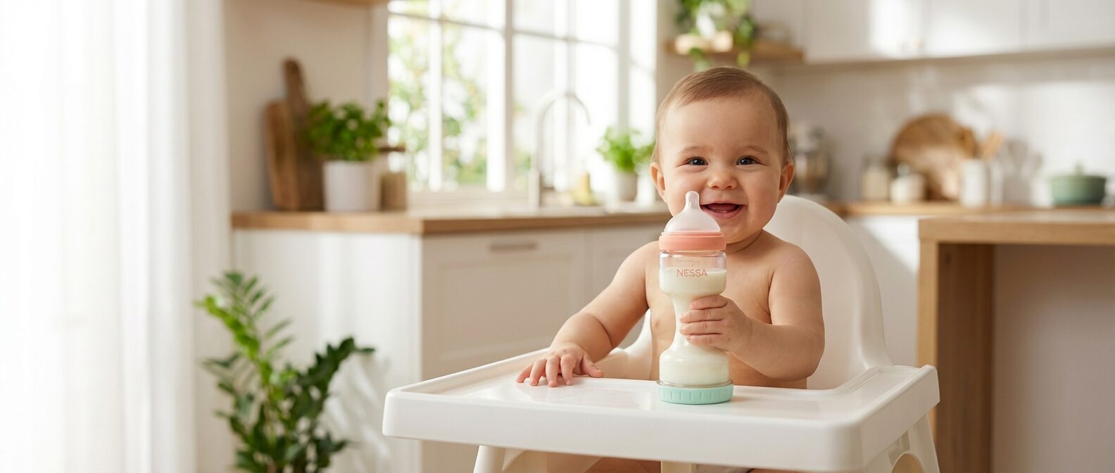 Happy baby holding Nessa Bottle with one hand, showcasing the dumbbell grip design