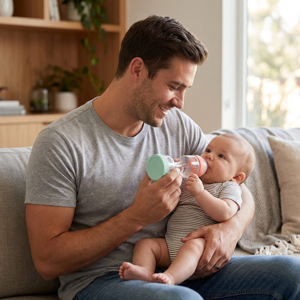 Dad feeding baby with Nessa Bottle one-handed