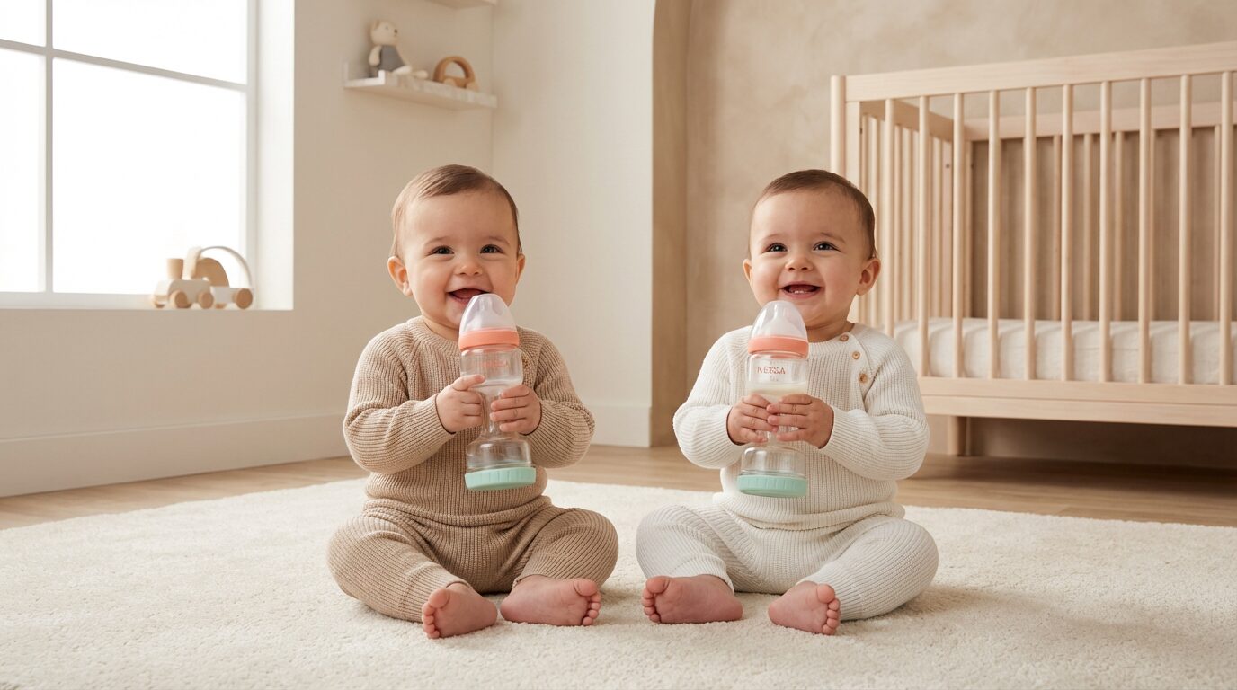 Twin babies holding their own Nessa Bottles