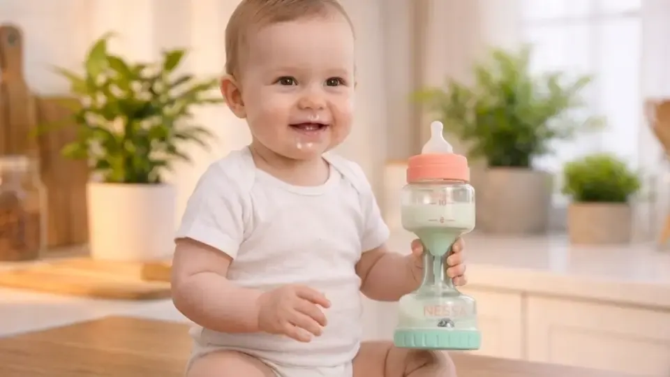 Baby holding a Nessa Bottle in a highchair