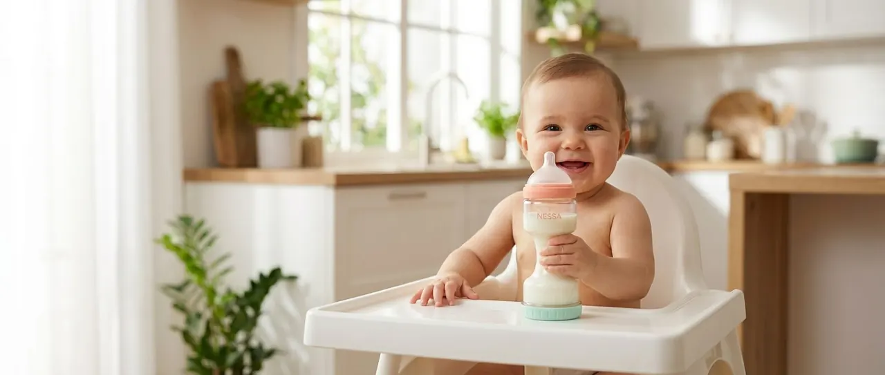 Baby holding Nessa Bottle independently with one hand