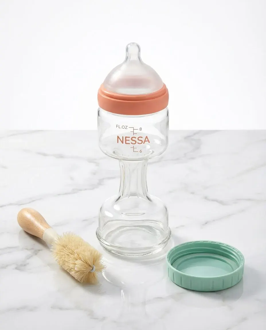 Coral-and-mint Nessa Bottle with the bottom cap removed, showing access for cleaning