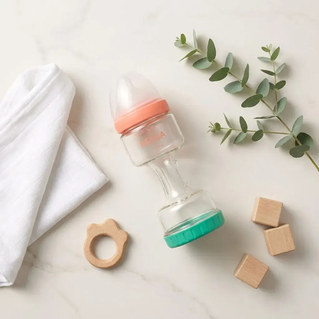 Coral-and-mint Nessa Bottle flat lay with baby essentials