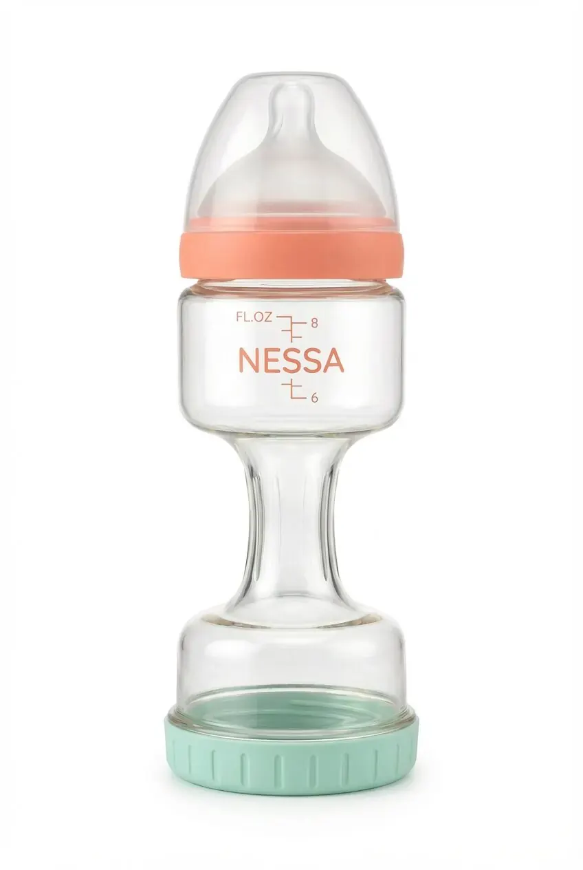 Nessa Bottle with coral collar, dumbbell grip and removable mint bottom cap